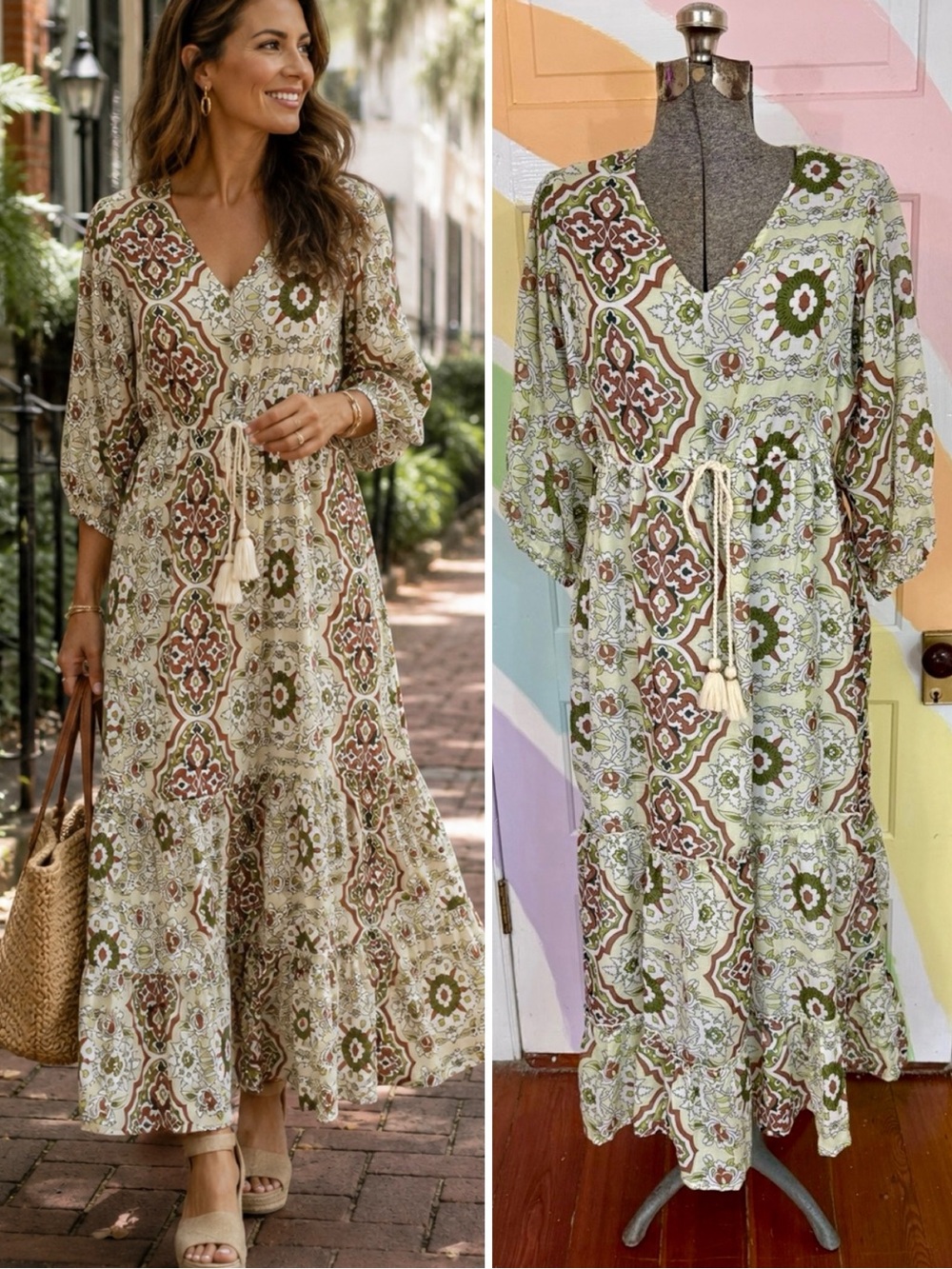 Soft Surroundings Zia Medallion Tassel Tiered Boho Cottagecore Maxi Dress PM💛🍄